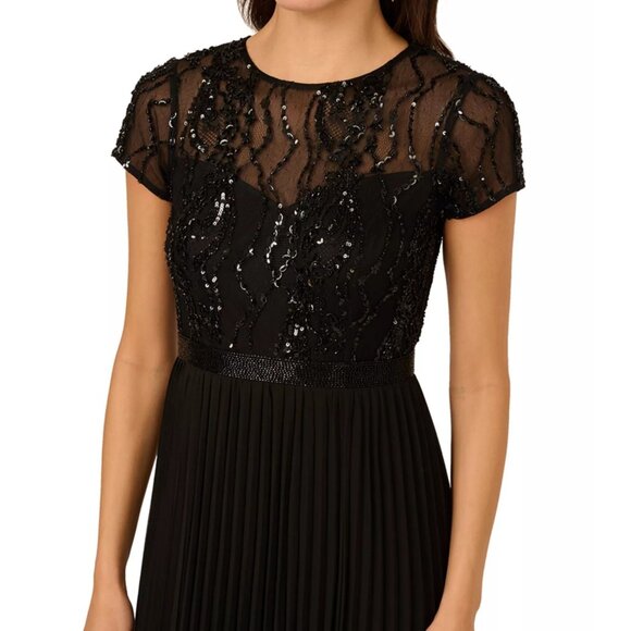 Adrianna Papell Womens Crew Neck Bead Pleat Long Dress Black Size 12P NEW - Picture 3 of 5